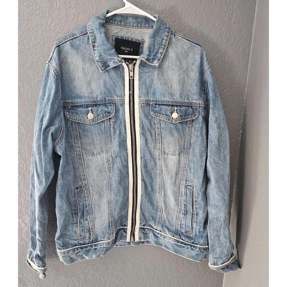 Men's Forever 21 Denim Jean Jacket Full Zip Up Long Sleeve Size XL Blue Pockets